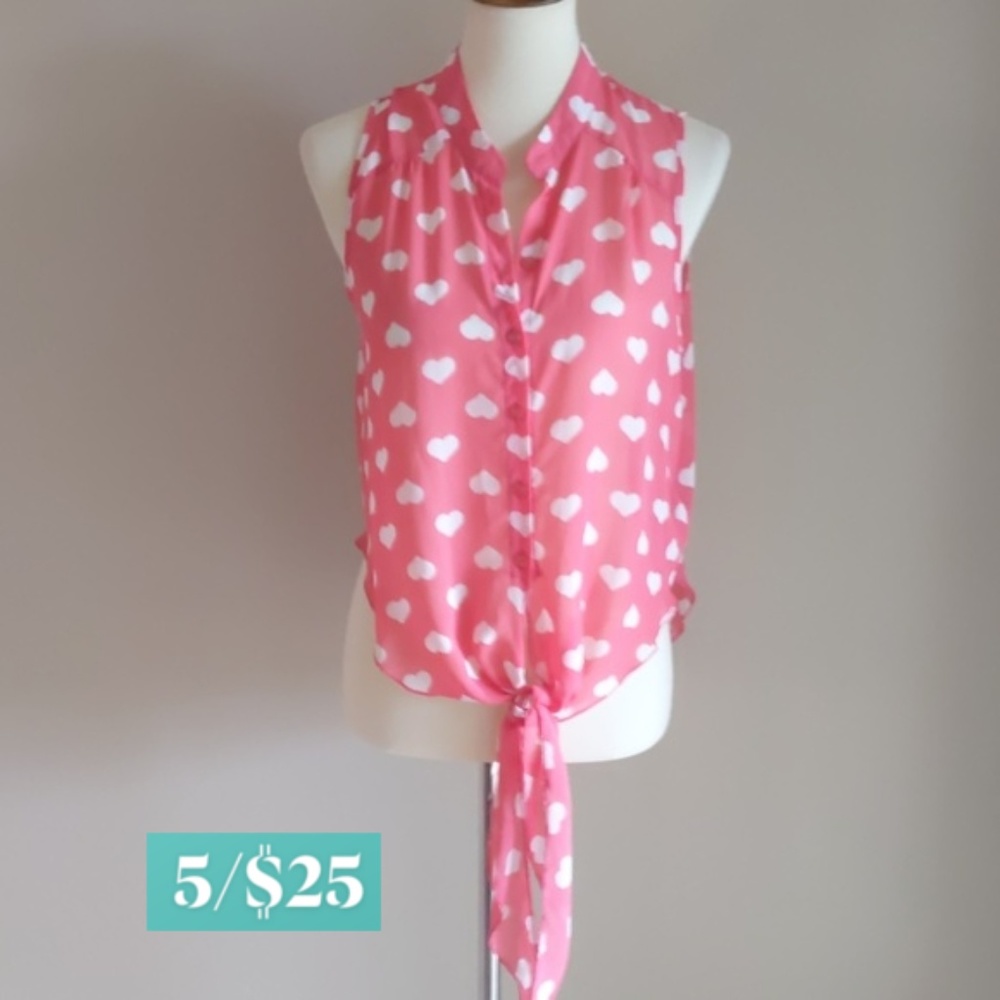 Papaya Sheer Hearts Button Down Tie Front Shirt